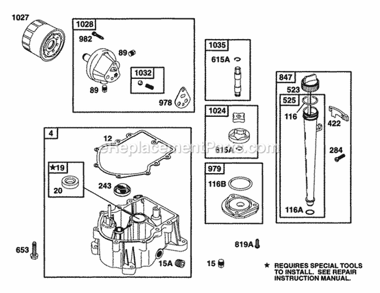Sump Base Oil Grp Diagram and Parts List for 42C777-1237-01  Briggs and Stratton Engine